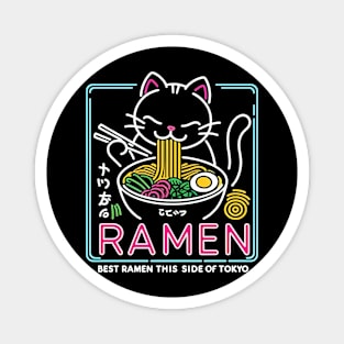 Best Ramen This Side of Tokyo T-Shirt: Neon Sign Cat Eating Ramen - Urban Foodie Tee Magnet
